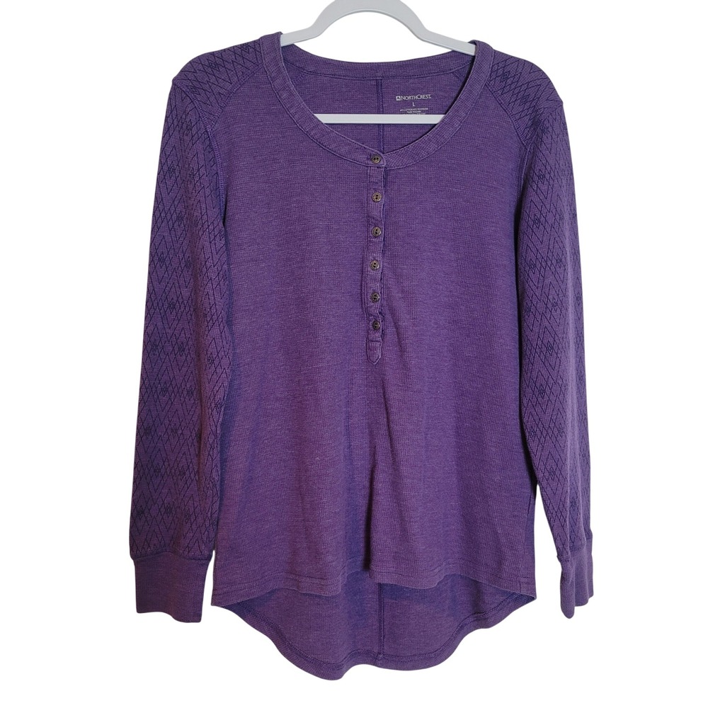 Northcrest Womens Purple Waffle Knit Henley Top Diamond Pattern Sleeve Large
